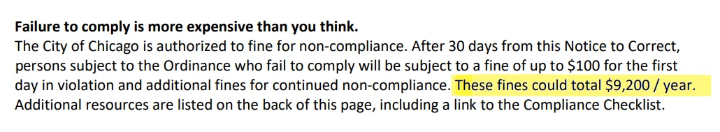 A selection of text with a title 'Failure to comply is more expensive than you
think', with details of fines and a highlight saying 'These fines could total $9,200 /
year'